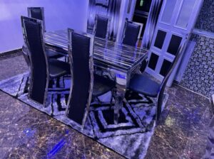 Ensemble Salle à Manger "Luxe Chrome" – Table Design Marbrée & 6 Chaises Haut Dossier